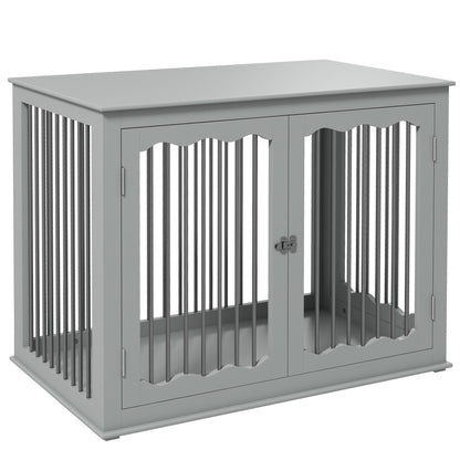 PawHut Dog Crate End Table w/ Three Doors, Furniture Style Dog Crate, for Big Dogs, Indoor Use w/ Locks and Latches - Grey