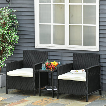 Outsunny Rattan Garden Furniture خارجي 3 قطع فناء بيسترو مجموعة جاك وجيل مقعد ويكر نسج حديقة شتوية كرسي أريكة مجموعة طاولة مع وسادة سوداء