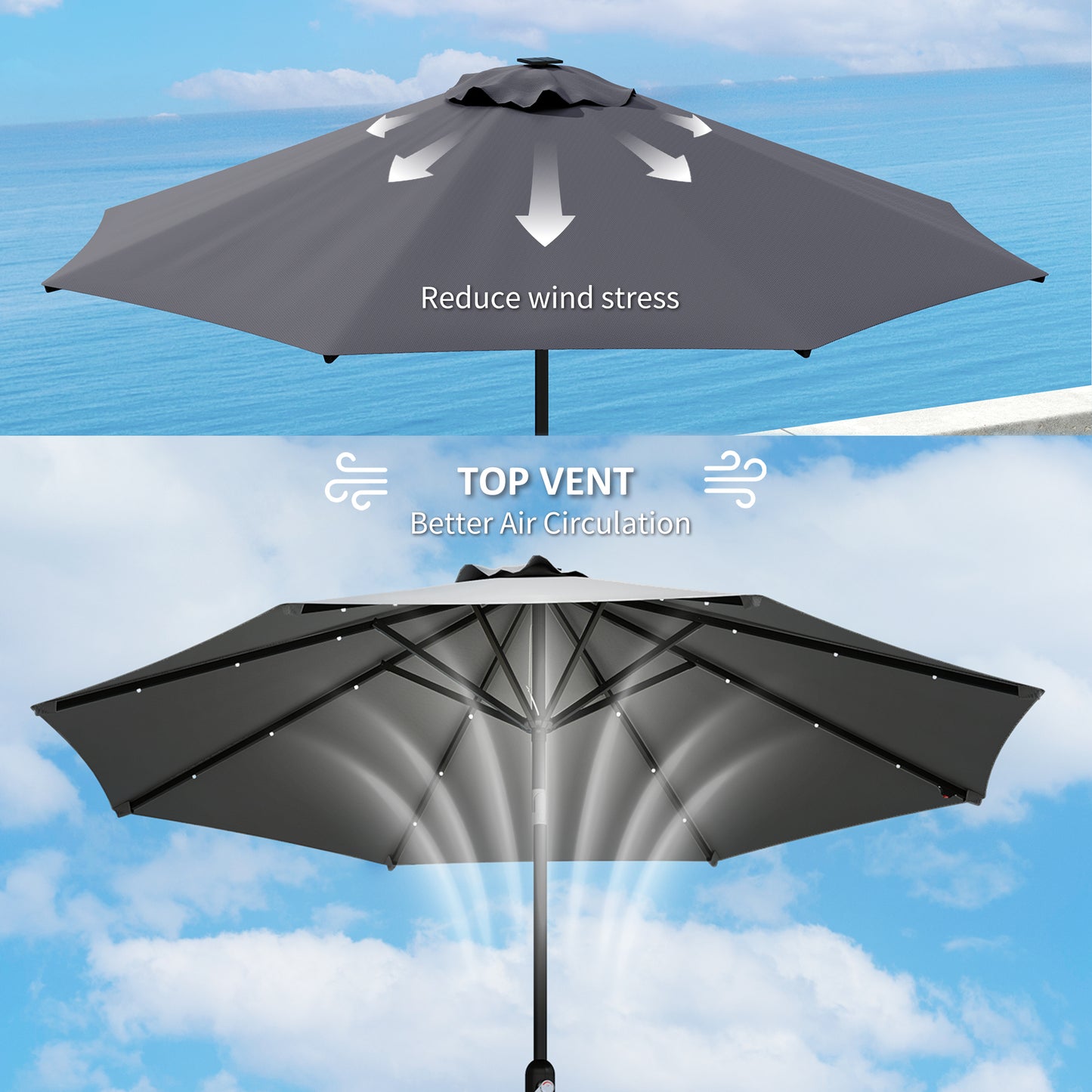 Outsunny 3 m wymienny daszek parasola z górnym otworem wentylacyjnym, UPF 50+ wymienny daszek parasola ogrodowego, 8 żeberkowy pokrowiec parasola wymienny pasuje do różnych ram, szary