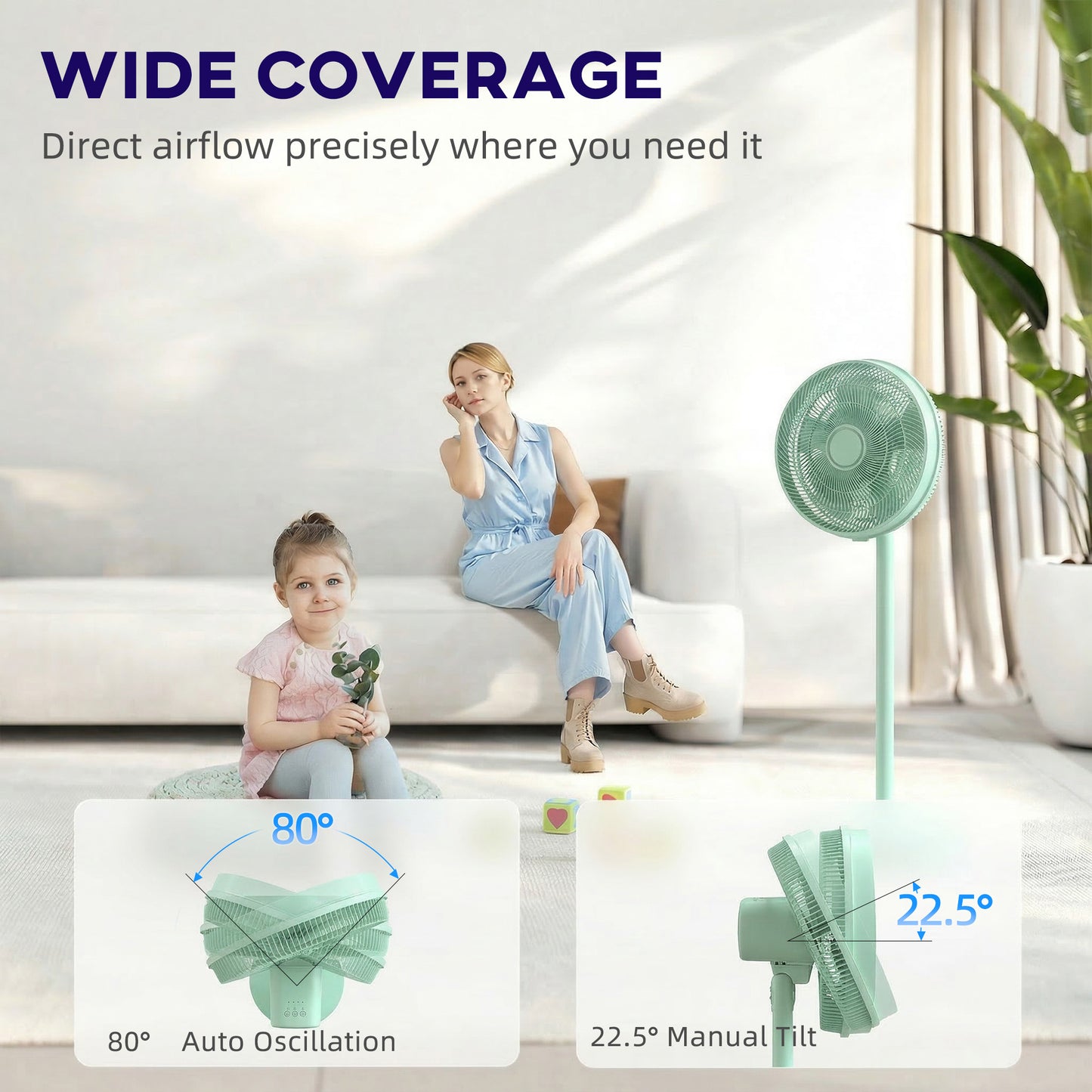 HOMCOM 40 cm Standing Fan, Cooling Floor Fan with 80° Oscillating, Adjustable Tilt and Height, 4 Speed, Remote Control, Green