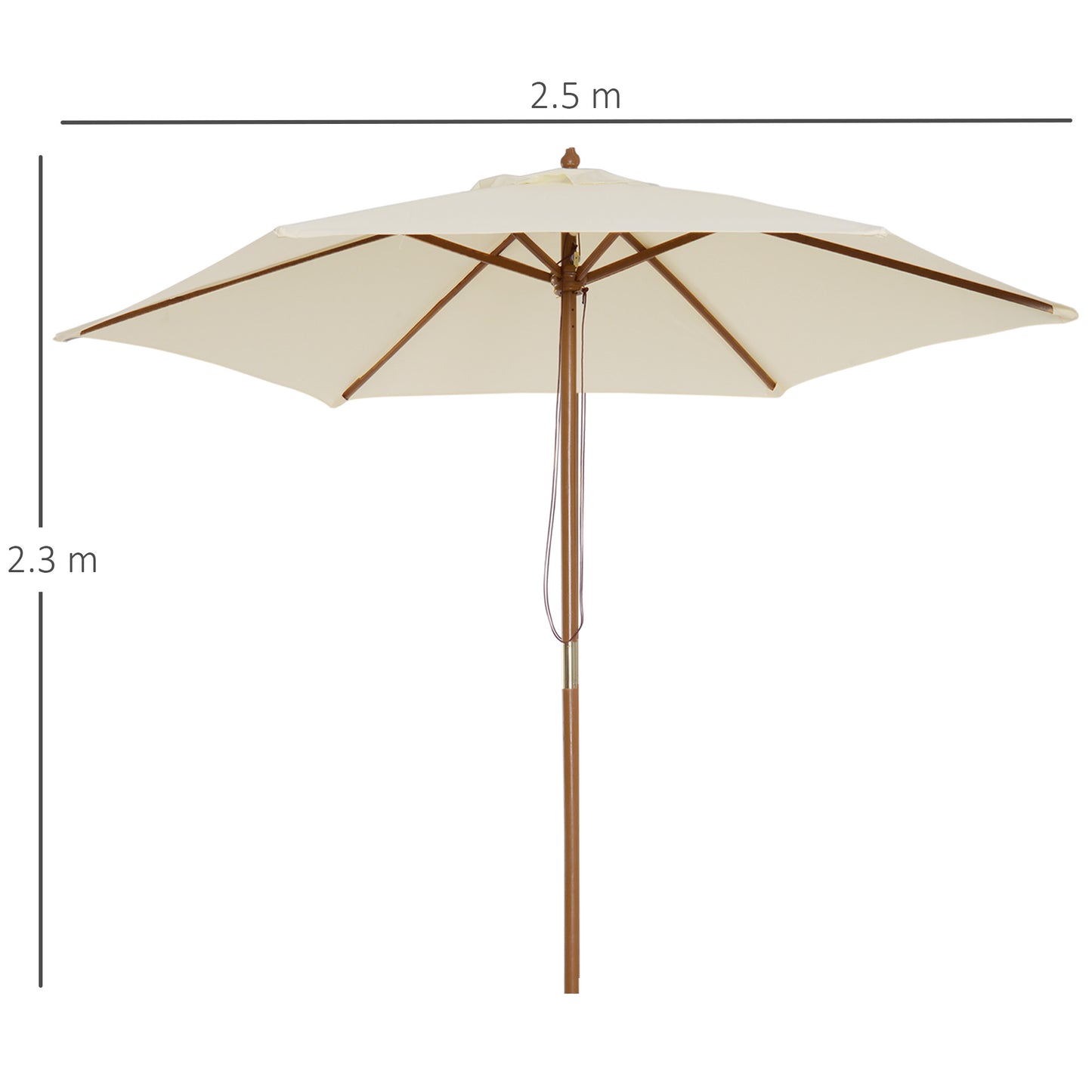 Outsunny 2,5 m Drewniany Parasol Ogrodowy Patio Zewnętrzny Drewniany Baldachim Parasola, Stołowy Parasol Rynkowy z Otworami, Słup 38 mm, Mechanizm Linowy, Kremowo-Biały