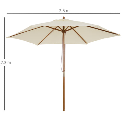 Outsunny 2,5 m Drewniany Parasol Ogrodowy Patio Zewnętrzny Drewniany Baldachim Parasola, Stołowy Parasol Rynkowy z Otworami, Słup 38 mm, Mechanizm Linowy, Kremowo-Biały