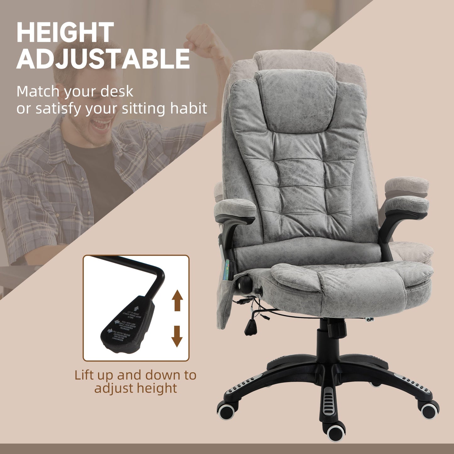 Vinsetto Massage Recliner Chair Heated Office Chair with Six Massage Points Microfiber Cloth 360¡ Swivel Wheels Grey