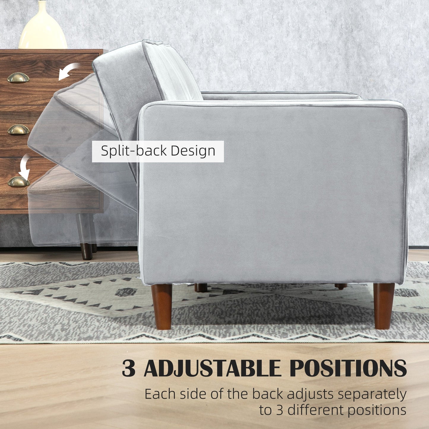 HOMCOM Nowoczesna rozkładana sofa Futon Velvet-Touch, kompaktowa sofa dwuosobowa z regulowanym, dzielonym oparciem, jasnoszara