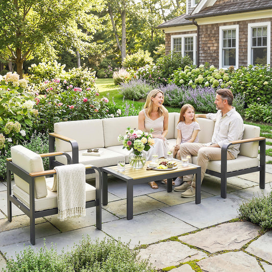 Outsunny 3 Pieces Garden Furniture Set with L-Shaped Sofa, Armchair and Coffee Table, Aluminium Garden Corner Sofa Set