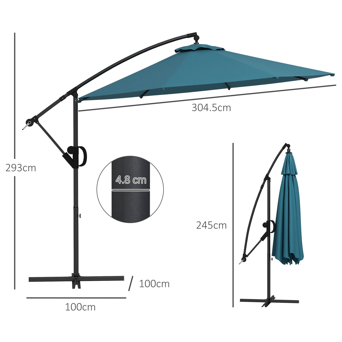 3 Metre Cantilever Banana Parasol / Cross Base / Crank Handle, Tilt And 8 Ribs, Round Hanging Patio Umbrella For Pool Garden Balcony - Blue