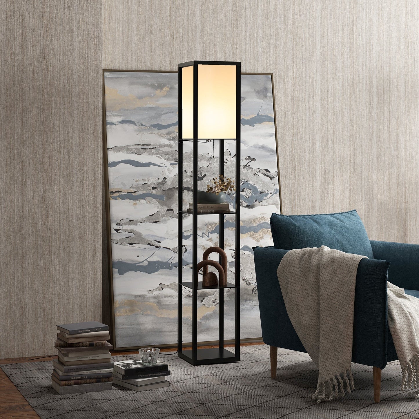 HOMCOM Floor Lamp with Shelves and Top Light, Modern Corner Standing Lamp for Living Room, Bedroom, Bulb not Included, Black