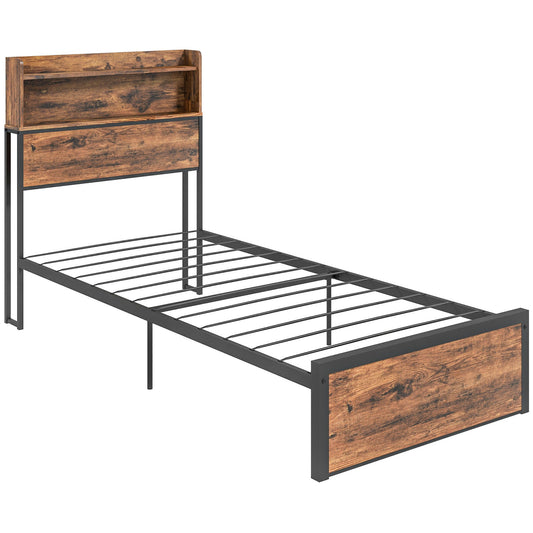 Retro Style Industrial Single Bed Frame, 3.1FT Steel Bed Base w/ Storage Headboard, Footboard, Under Bed Storage, 95 x 209cm, Rustic Brown