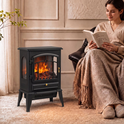 HOMCOM Electric Fireplace Stove, 1000/2000W 3-Sided Freestanding Fireplace Heater with 3D Flame Log, Thermostat, Black