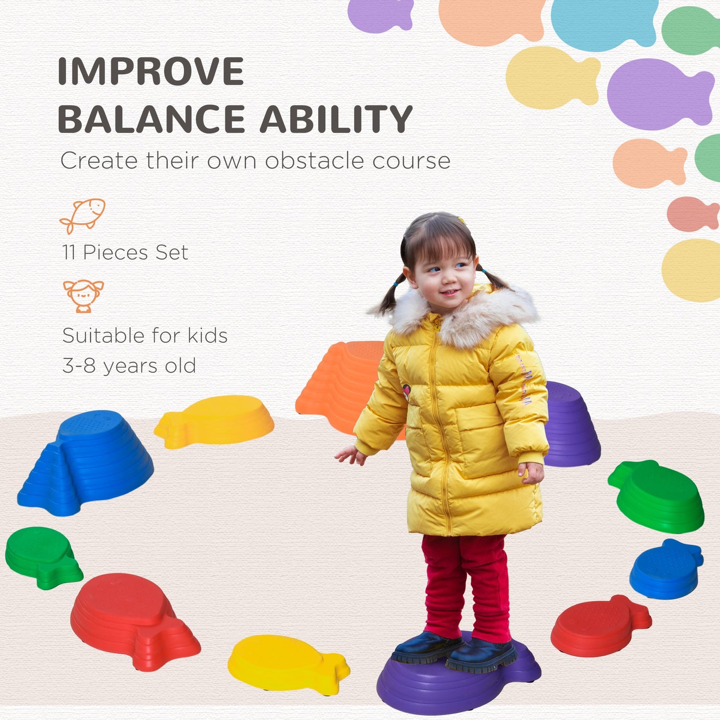 Outsunny Kids Balance Stepping Stones 11 قطعة على شكل سمكة غير قابلة للانزلاق، مكعبات توازن قابلة للتكديس لتمرين توازن الأطفال الصغار - متعددة الألوان