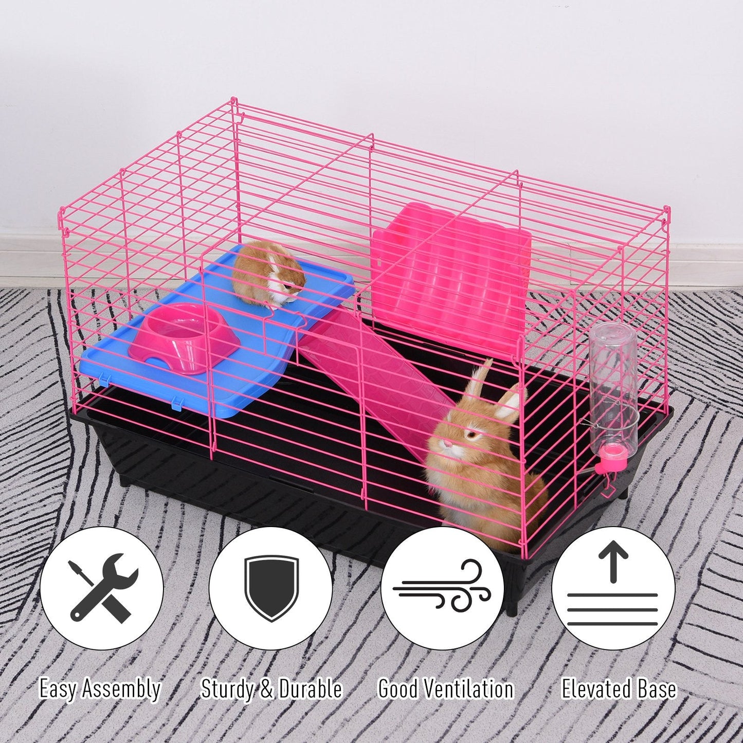 PawHut Dwarf Hamster Metal Cage Guinea Pigs Hutches w/ Tunnels Pink