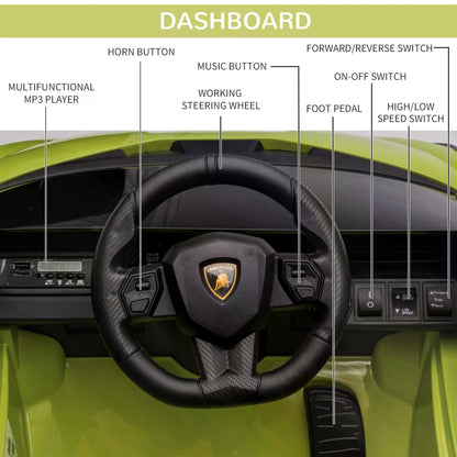 HOMCOM Lamborghini Sian Licensed 12V Kids Electric Ride On Car 2 Motors Toy Car with Remote Control Music Lights MP3 for 3-5 Years Green