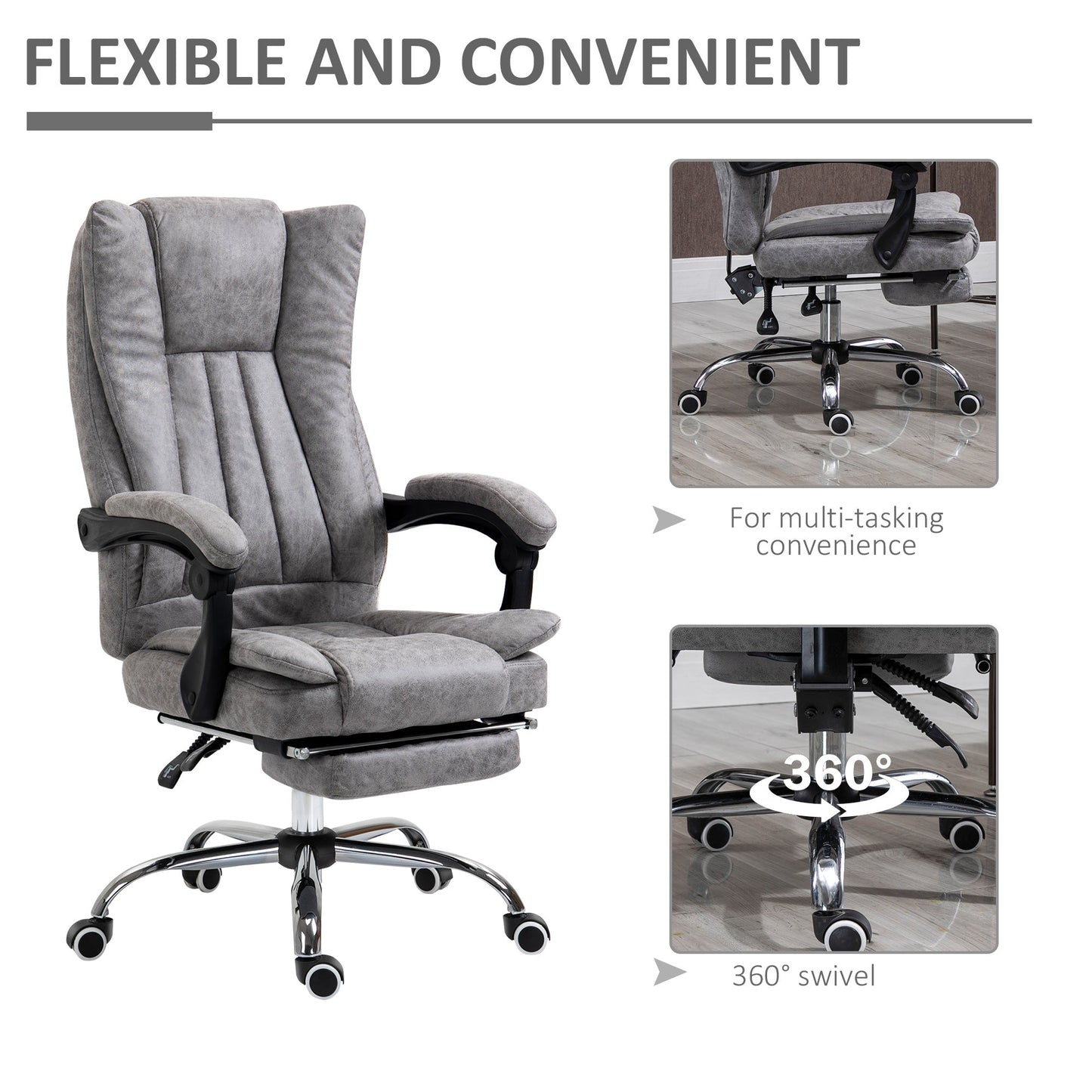 Vinsetto Home Office Chair Microfibre Desk Chair with Reclining Function Armrests Swivel Wheels Footrest Grey