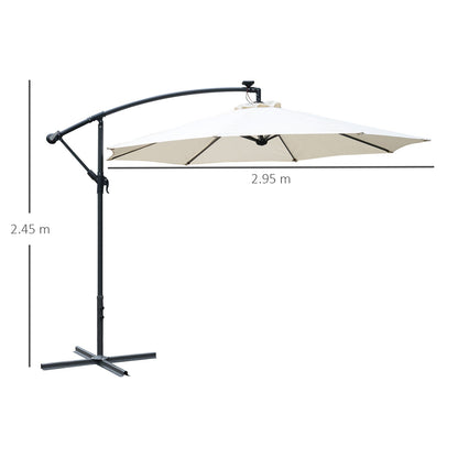 Outsunny 3(m) LED Cantilever Parasol Banana Garden Umbrella with Solar Lights, Crank Handle and Cross Base, Hanging Sun Shade, Off-White