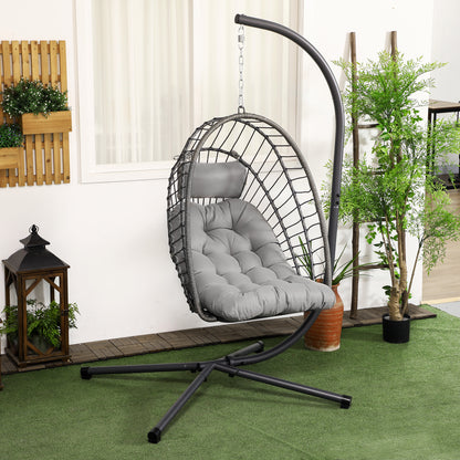 Outsunny Outdoor PE Rattan Swing Chair z poduszką, składany kosz ogrodowy Patio Hanging Egg Chair z metalowym stojakiem, zagłówek, do wewnątrz i na zewnątrz, jasnoszary
