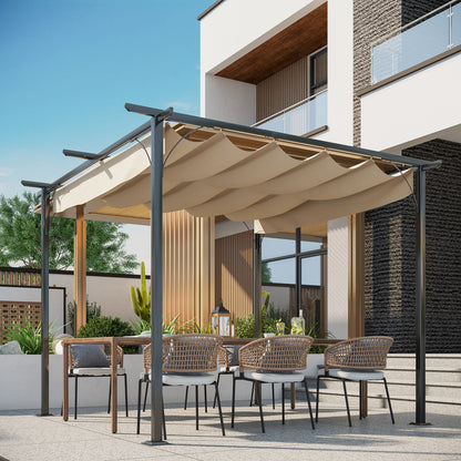 Outsunny 3 x 3(m) Metalowa pergola z chowanym dachem, metalowa altana ogrodowa, zadaszenie pergoli. Zewnętrzny daszek przeciwsłoneczny na imprezę BBQ, beżowy