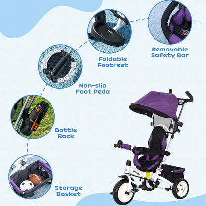 4 in 1 Kids Trike Push Bike w/ Push Handle, Canopy, 5-point Safety Belt, Storage, Footrest, Brake, for 1-5 Years, Purple