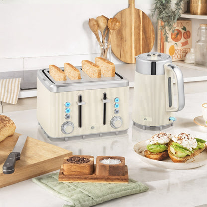 HOMCOM Electric Stainless Steel Kettle and Toaster Set, 3000W 1.7L UK Strix Thermostat Fast Boil Kettle w/ Limescale Filter, Cool Touch Body, 4 Slice Toaster with 7 Browning Levels, Crumb Tray, Cream