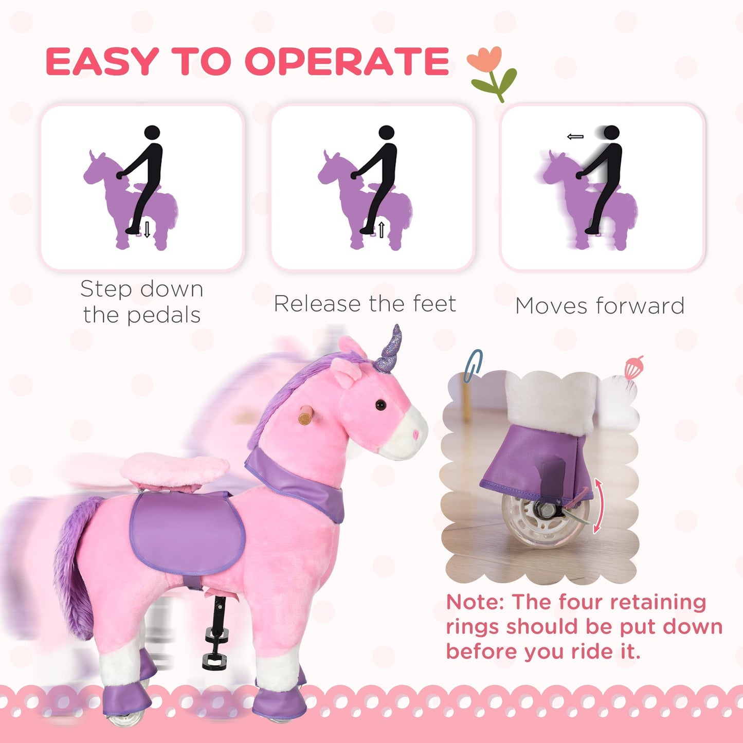 Ride On Unicorn Walking Horse Toy with Wheels Mechanical Rocking Pony Gift for 3-6 Years Girls Boys Pink