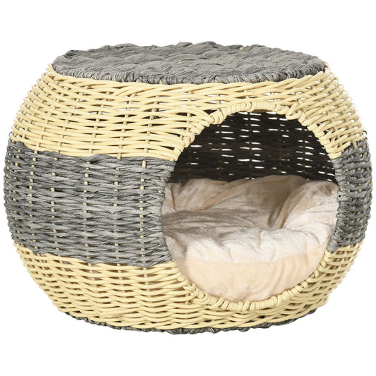 PawHut Wicker Cat House, Rattan Raised Cat Bed, Cosy Kitten Cave with Soft Washable Cushion, _40 x 30cm