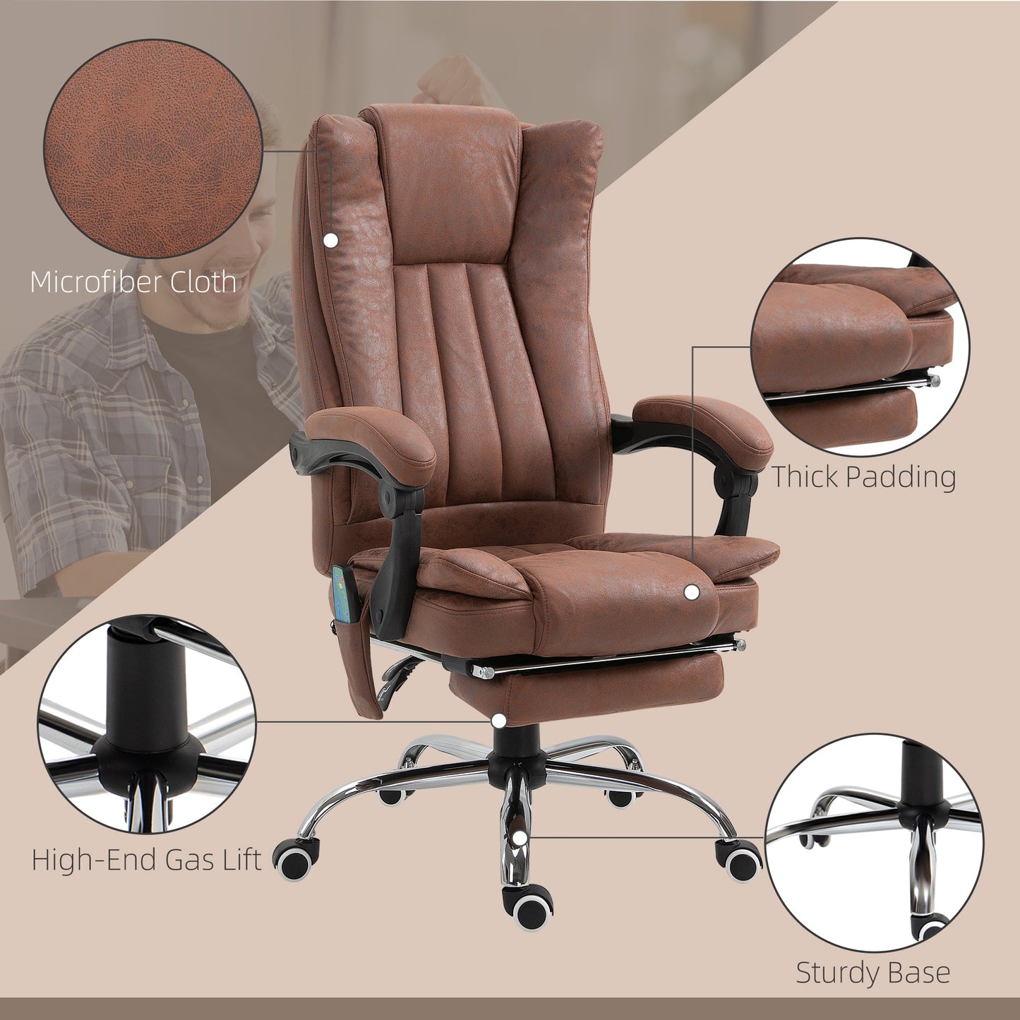 Vinsetto Office Chair with Massage and Heat, Microfibre Reclining Computer Desk Chair with Footrest and Adjustable Height, Swivel Wheels for Home Office, Brown