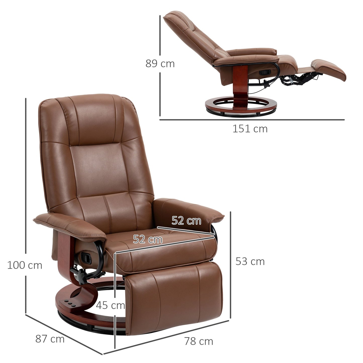 HOMCOM Faux Leather Armchair, with 145  Reclining Back and Footrest - Brown