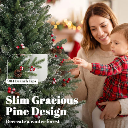 HOMCOM Slim Gracious Pine Xmas Tree, 7ft/210cm Artificial Christmas Tree with 904 Branch Tips, Foldable Steel Stand, Green