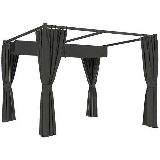 Outsunny 3 x 3(m) Rozsuwana pergola, altana ogrodowa z zasłonami, do grilla, na patio, taras, antracyt
