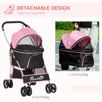 PawHut Detachable Pet Stroller with Rain Cover, 3 In 1 Cat Dog Pushchair, Foldable Carrying Bag w/ Universal Wheels, Brake, Canopy, Basket, Storage Bag for Small and Tiny Dogs - Pink