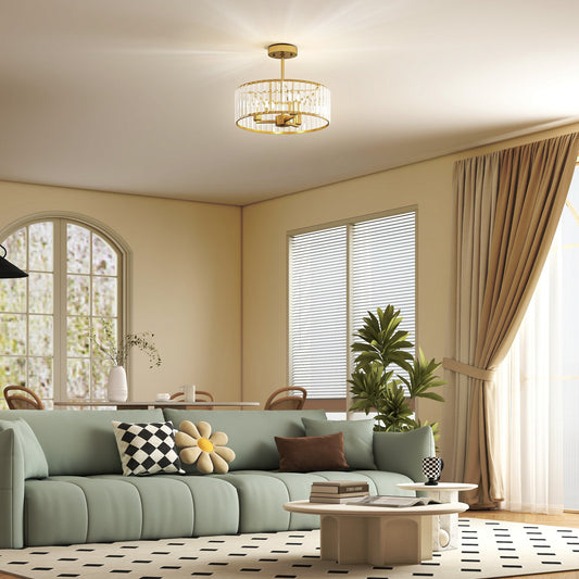 HOMCOM Crystal Ceiling Light Fixture, Semi Flush Mount Modern Crystal Chandelier Ceiling Light for Living Room, Bedroom, Hallway, Dining Room, E14 Base 3-Lights, Bulbs Not Included, Gold Tone