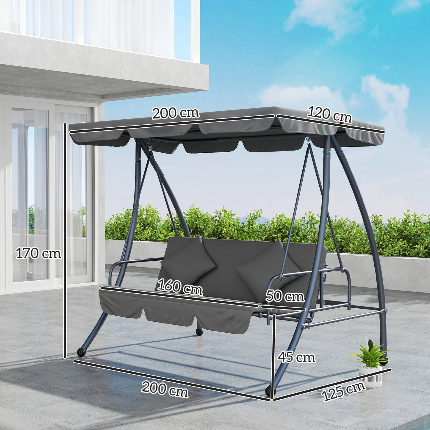 Outsunny Outdoor 2 w 1 Huśtawka leżanka 3-osobowa huśtawka ogrodowa łóżko rozkładane baldachim z poduszką, jasnoszary