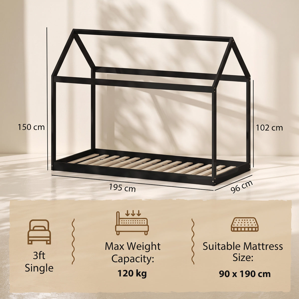 HOMCOM Single Bed Frame, House-Scandinavian-Style Wooden Bed Frame for 90W x 190D cm Mattress, Black