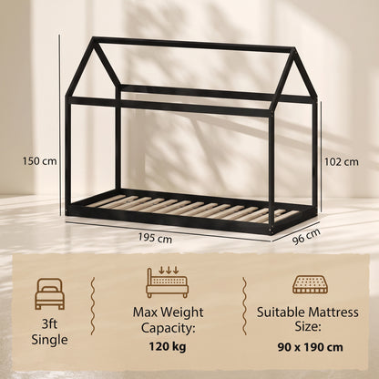 HOMCOM Single Bed Frame, House-Scandinavian-Style Wooden Bed Frame for 90W x 190D cm Mattress, Black
