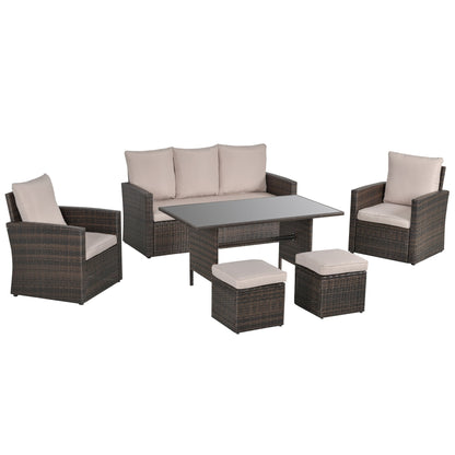 Outsunny 6 Piece Outdoor Patio PE Rattan Wicker Tempered Glass Dining Table Sets for Garden Backyard w/ Cushions & Mixed Brown