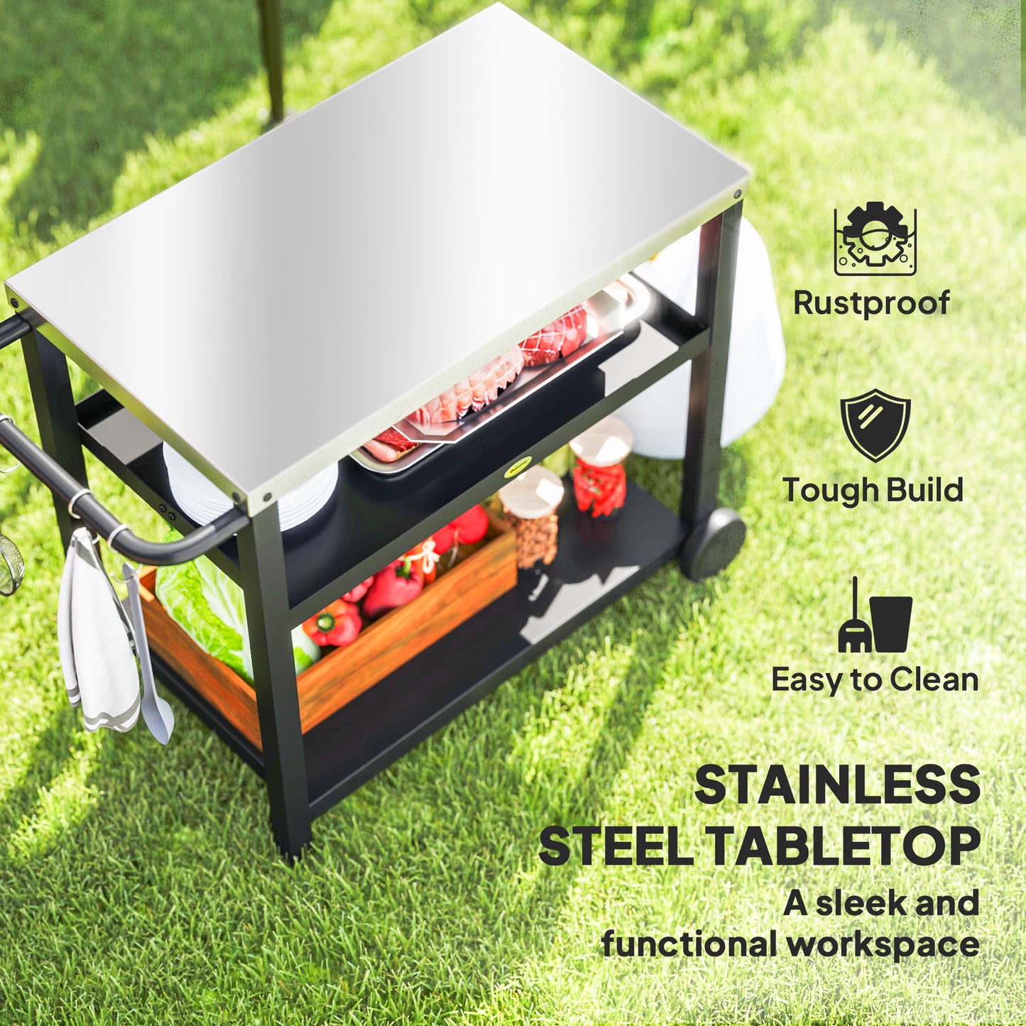 Outsunny Outdoor Grill Dining Cart 3-półkowy ruchomy stół do pieczenia pizzy ze stalowym blatem, przenośny wózek do grilla, stacja do przygotowywania żywności na zewnątrz, kuchnia, stacja do grillowania z haczykami, kółka, uchwyt, antracytowy