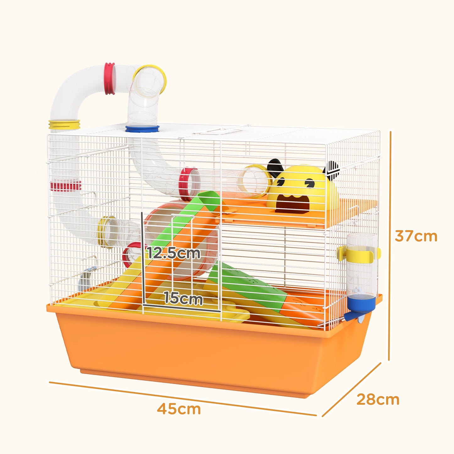 PawHut 3 Tiers Gerbil Cage, Hamster Cage with Tubes, Exercise Wheel, Ladder, Top Handle, 45 x 28 x 37cm - Orange