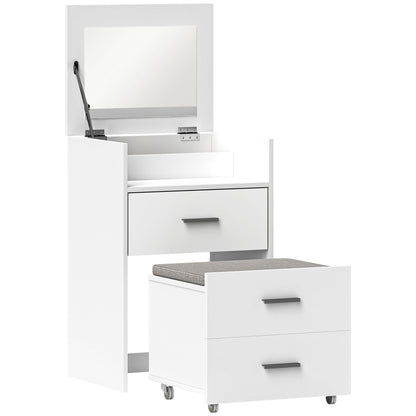 HOMCOM Vanity Desk with Mirror, Modern Dressing Table and Stool w/2 Drawers, Wheels, Flip-Up Mirror, Shelf, White