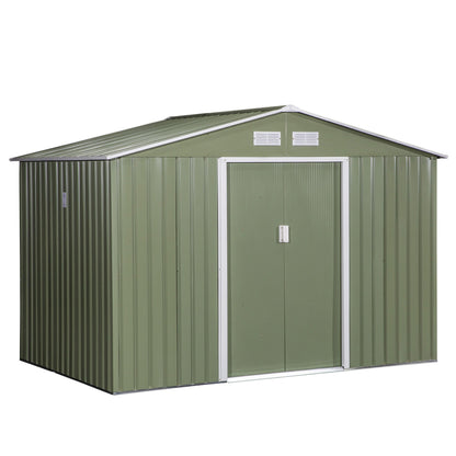 Outsunny 9 x 6 ft Metal Garden Storage Shed Corrugated Steel Roofed Tool Box with Foundation Ventilation and Doors, Light Green