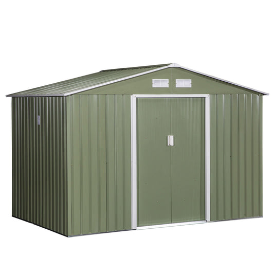 Outsunny 9 x 6 ft Metal Garden Storage Shed Corrugated Steel Roofed Tool Box with Foundation Ventilation and Doors, Light Green