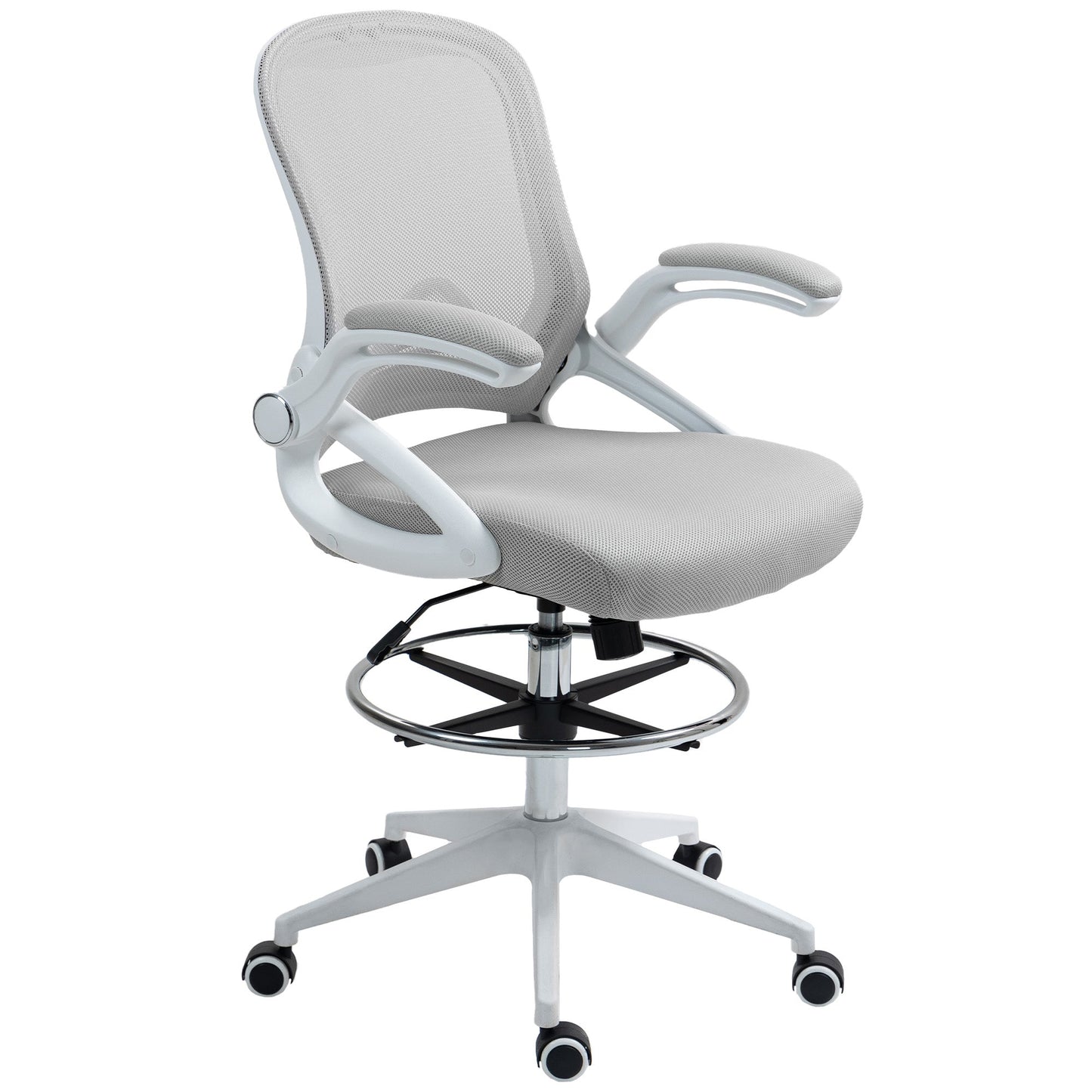 Vinsetto Drafting Chair with Flip-up Armrest, Mesh Office Stool with Foot Ring, 360 Degree Swivel Height Adjustable Chair for Standing Desk, Light Grey
