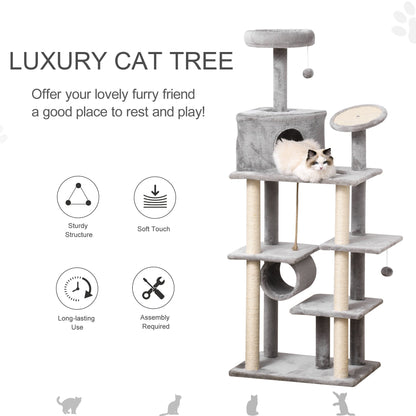 PawHut Cat tree Tower 179cm Climbing Activity Centre Kitten with Jute Scratching Post Pad Condo Perch Hanging Balls Teasing Rope Toy Dark Grey