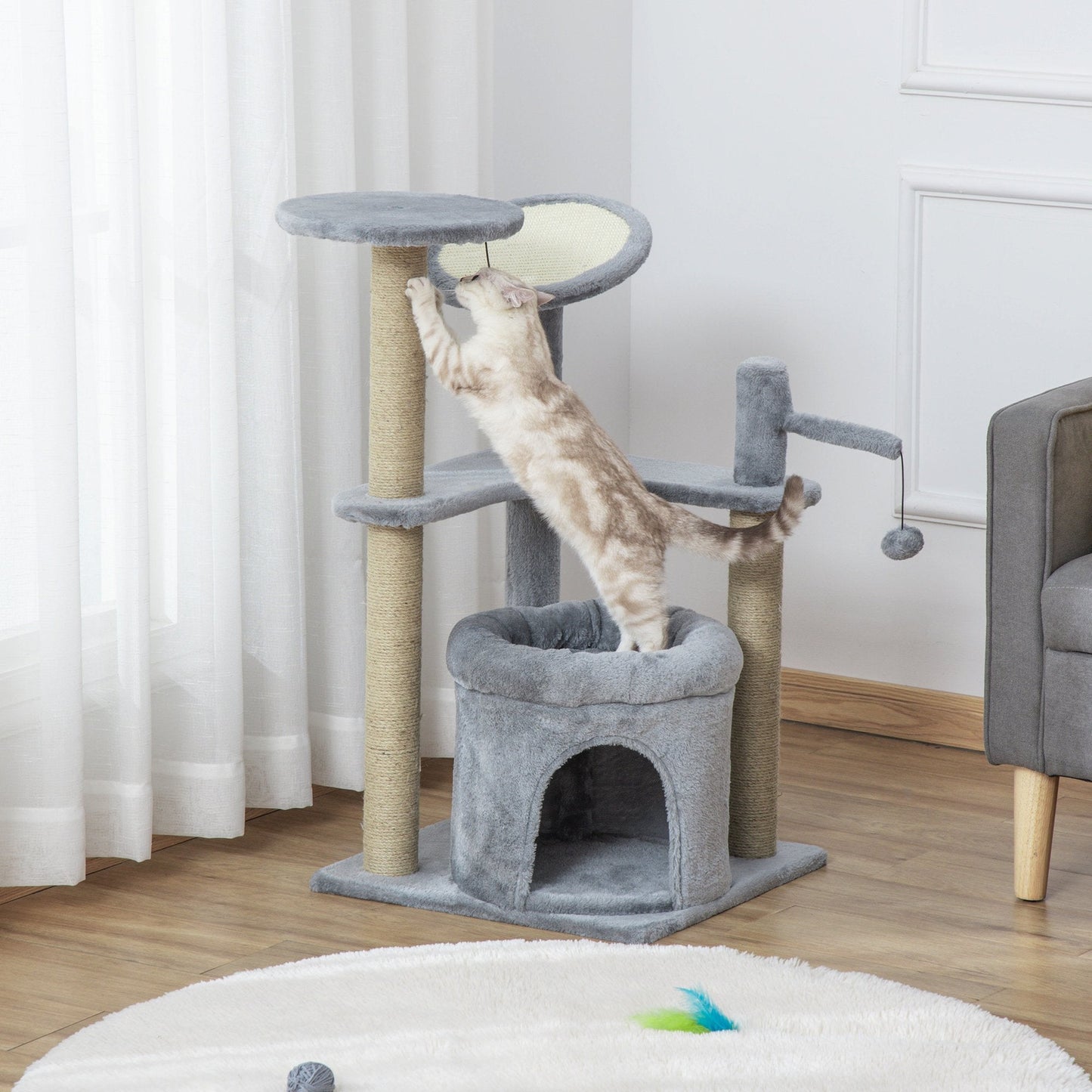 PawHut Cat Tree Tower Kitten Activity Center Scratching Post w/Condo Bed Perch Ball Toy