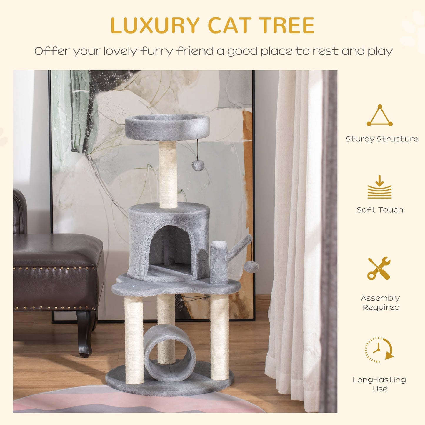 PawHut Cat Tree Tower تسلق مركز النشاط أثاث القطط مع عمود خدش من الجوت سرير نفق جثم معلق كرات رمادية