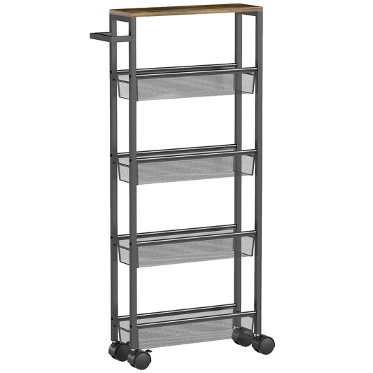 HOMCOM Slim Storage Trolley, 5-Tier Kitchen Cart on Wheels with Wood-effect Top, Handle for Living Room, Bathroom, Black