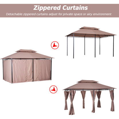 Outsunny 4m x 3(m)Garden Gazebo, Double Roof Outdoor Gazebo Canopy Shelter with Curtains, Solid Steel Frame for Patio, Garden, Brown
