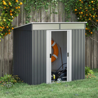 Outsunny 6.5 x 4FT Galvanised Metal Shed with Foundation, Lockable Tool Garden Shed with Double Sliding Doors and 2 Vents, Grey