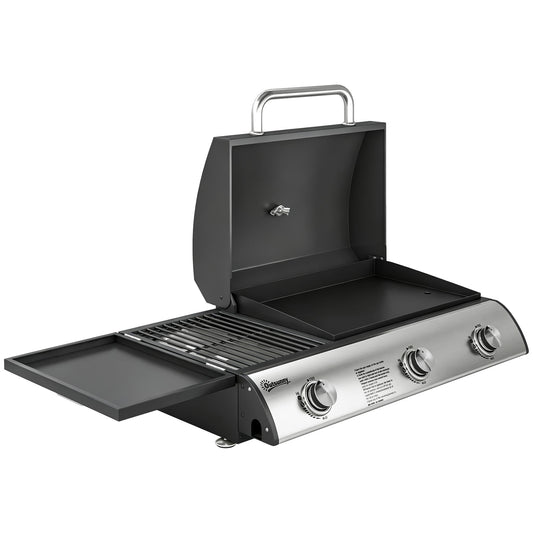 Outsunny 3 Burner Portable Gas Plancha BBQ Grill, 8.1 kW Outdoor Tabletop Gas Barbecue Grill with Griddle, Thermometer,, Black