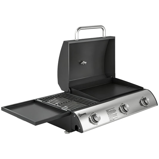 Outsunny 3 Burner Portable Gas Plancha BBQ Grill, 8.1 kW Outdoor Tabletop Gas Barbecue Grill with Griddle, Thermometer,, Black