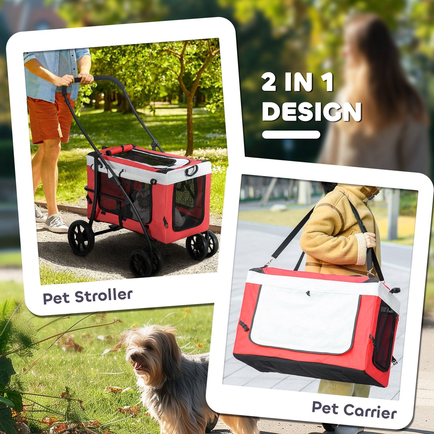 PawHut Foldable Dog Stroller, Pet Travel Crate, with Detachable Carrier, Soft Padding, for Mini, Small Dogs - Red