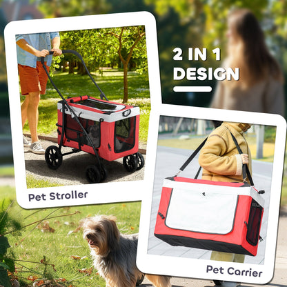 PawHut Foldable Dog Stroller, Pet Travel Crate, with Detachable Carrier, Soft Padding, for Mini, Small Dogs - Red